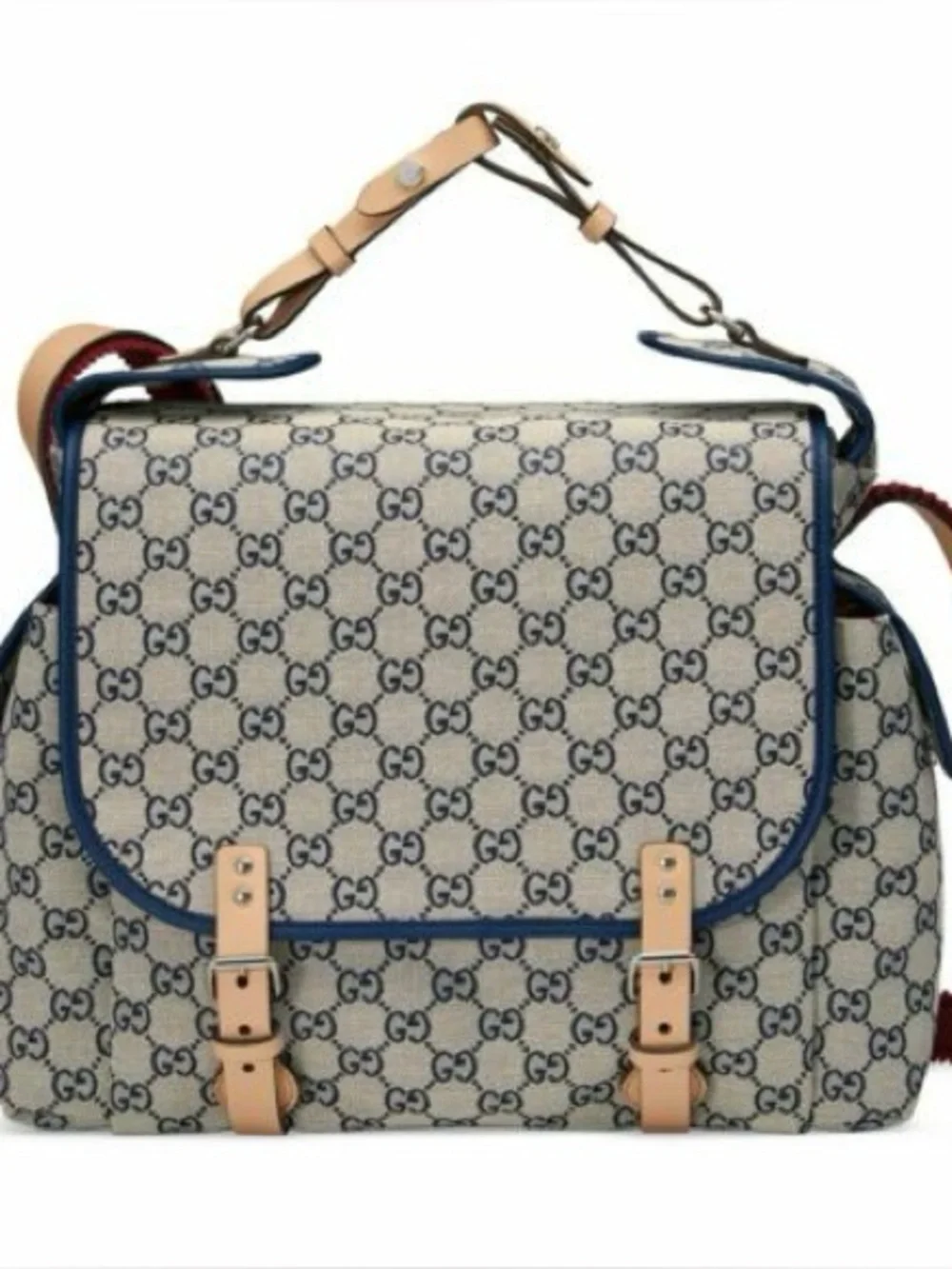 Gucci Beige GG Canvas Satchel Diaper Bag with Blue Trim and Tan Straps